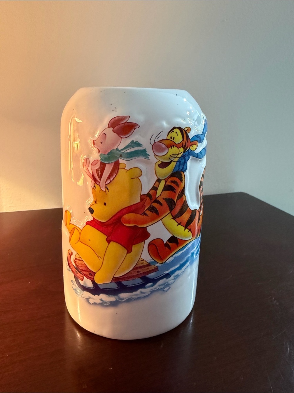 Vintage Disney Winnie the Pooh Tigger Piglet Sledding Winter Ceramic Vase